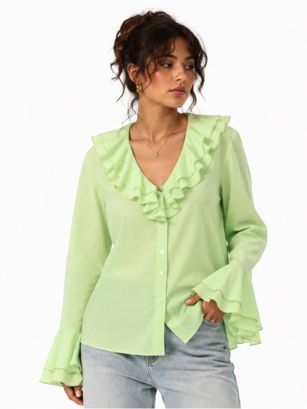 Vintage Terraware Earth Aware Mint Green Ruffle Bell Sleeve button Blouse Small